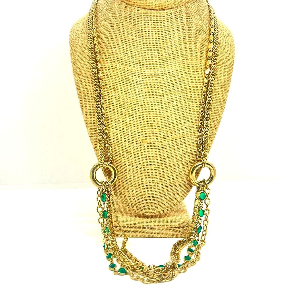 VINTAGE MULTI STRAND Necklace Gold Tone Green Open Back Bezel Statement 70s